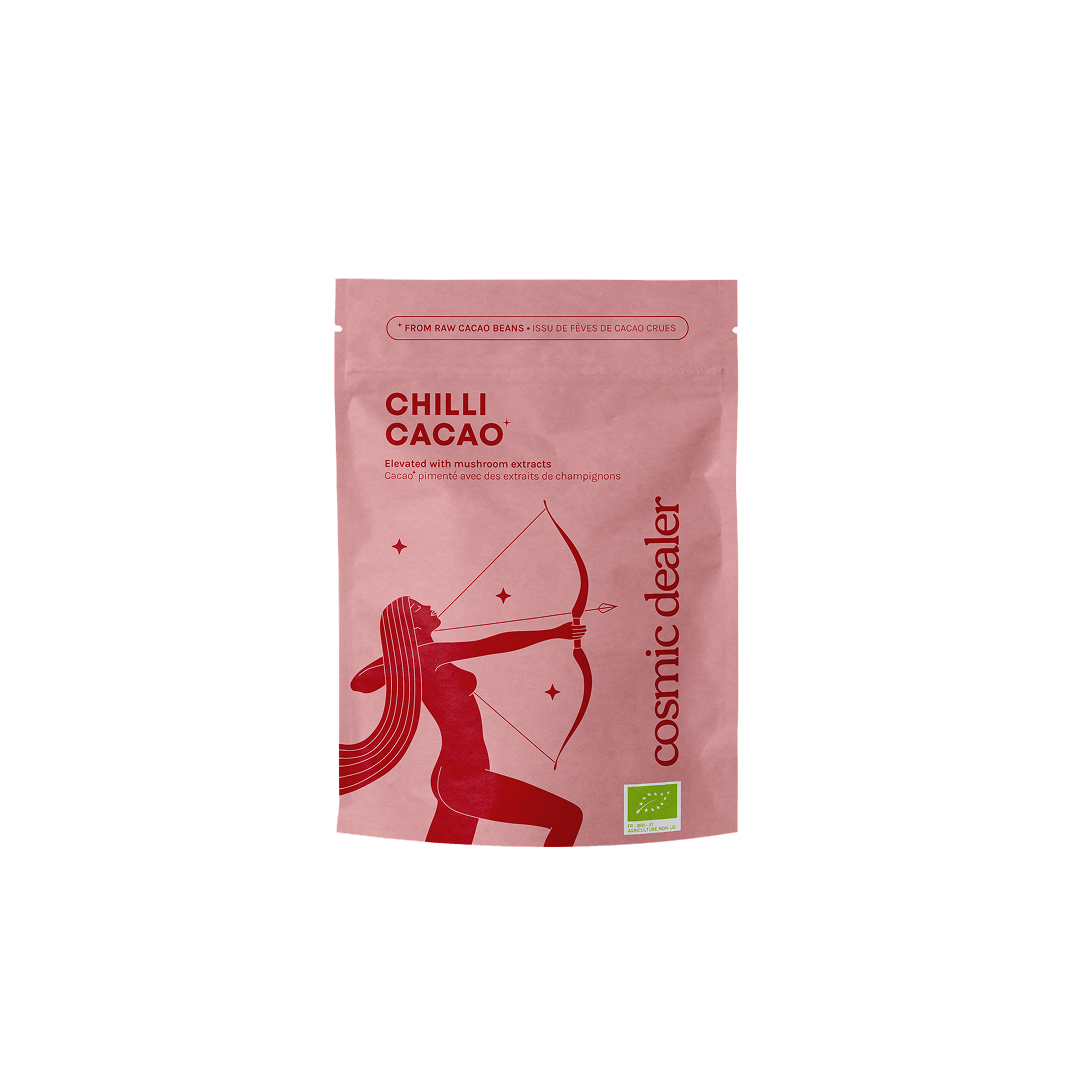 Chili Cacao Drinking Chocolate Blend by Cosmic Dealer – ceremonial cacao with chili and adaptogens for a sugar-free energizing hot chocolate ritual