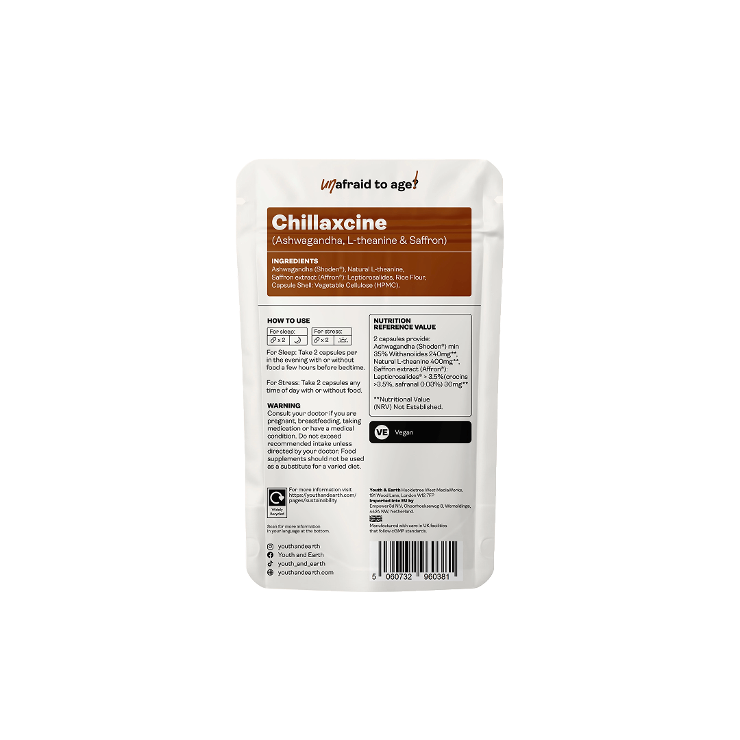 Chillaxcine Capsules by Youth & Earth – back of packaging with ingredients and supplement facts