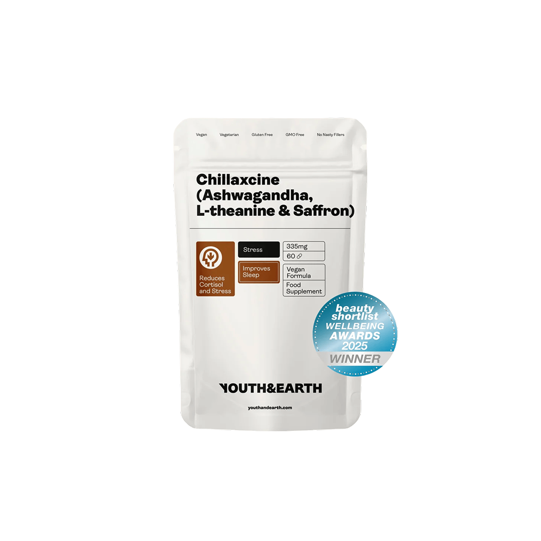 Chillaxcine Capsules by Youth & Earth – supplement with Ashwagandha, L-Theanine, and Saffron to reduce stress and promote calm