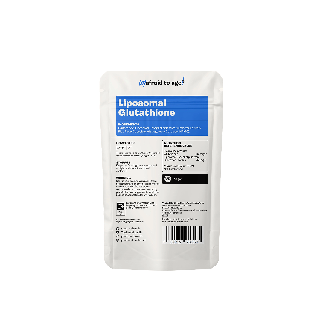 Liposomal Glutathione Capsules by Youth & Earth – back of packaging with liposomal formula and supplement facts