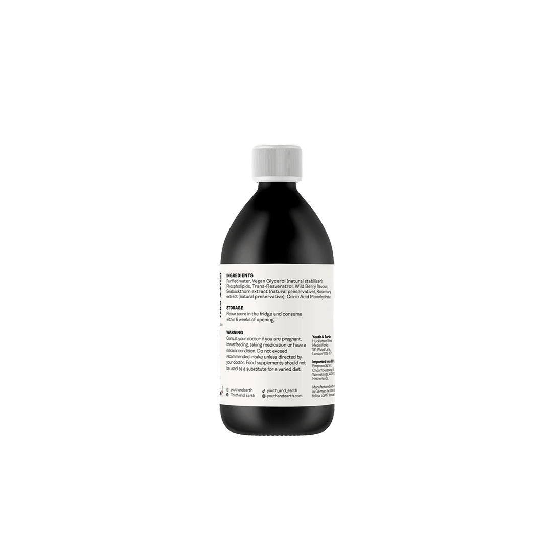 Liposomal Resveratrol Capsules by Youth & Earth – back of packaging with ingredients and liposomal delivery details