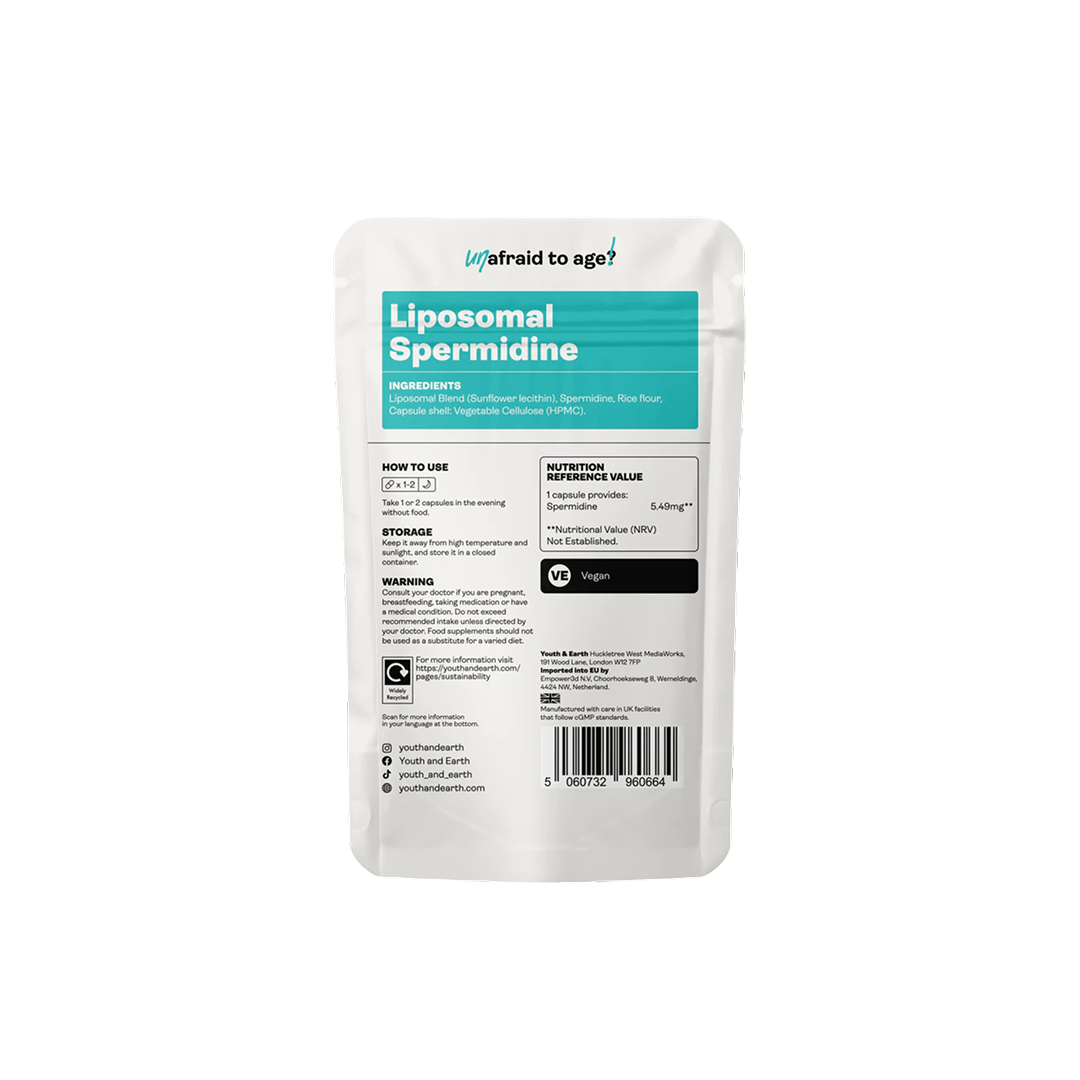 Liposomal Spermidine by Youth & Earth – back of packaging with dosage, ingredients, and liposomal delivery info