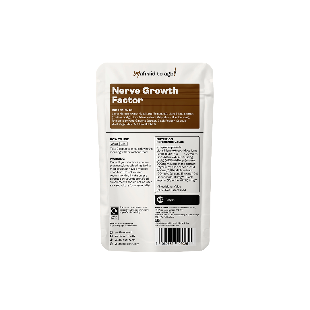 Nerve Growth Factor Capsules by Youth & Earth – back of packaging with supplement facts and BioPerine-enhanced formula