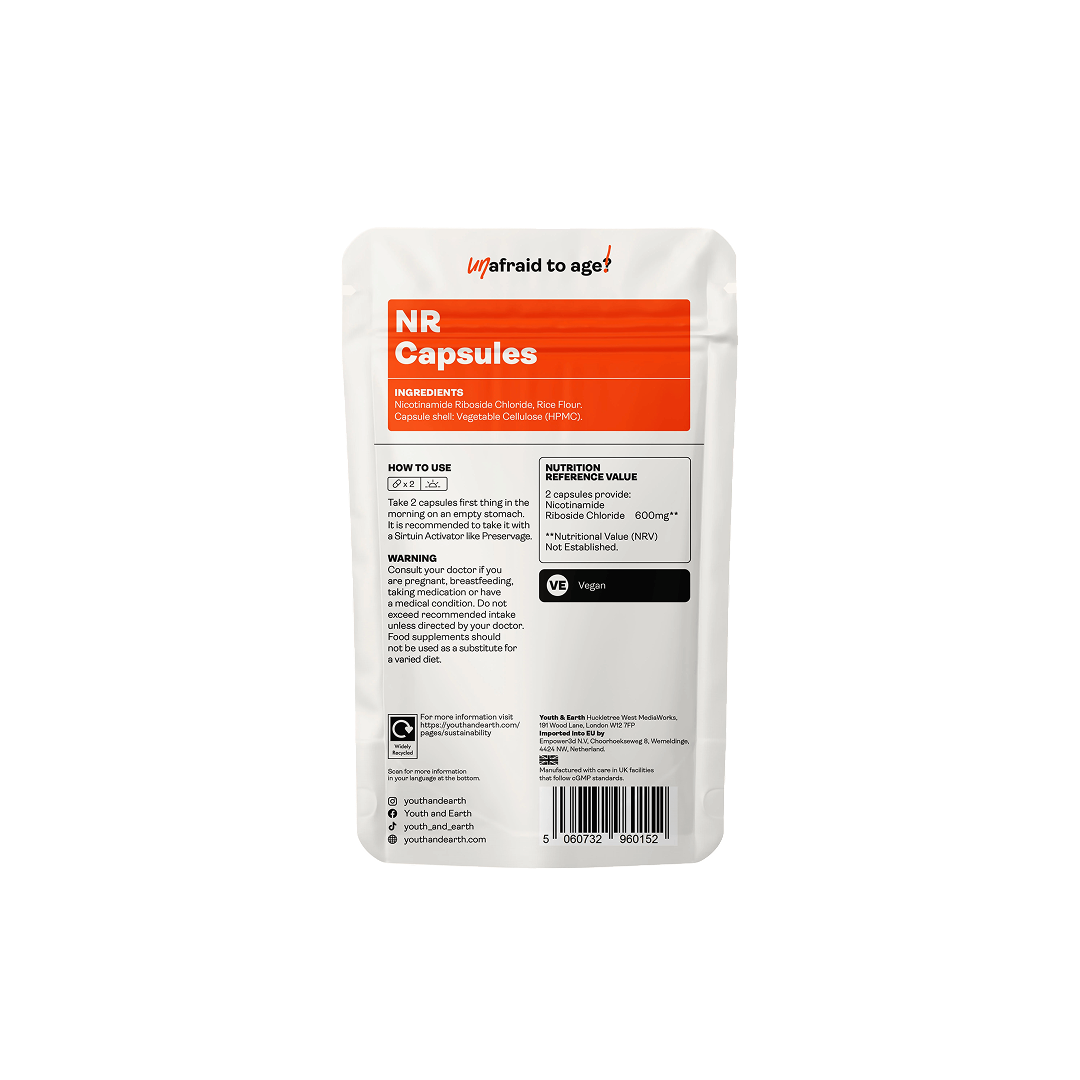 NR Capsules by Youth & Earth – back of packaging with supplement facts and ingredients