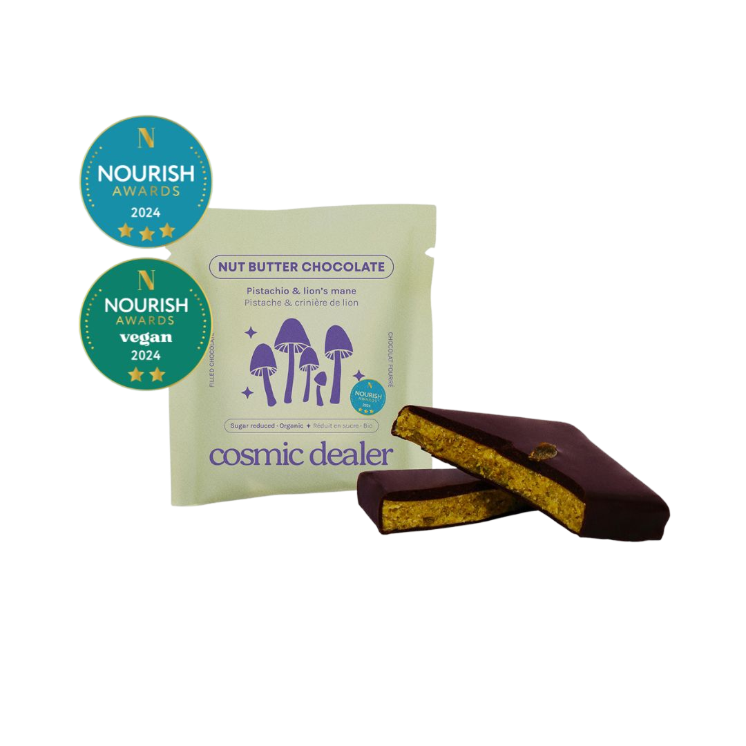 Pistachio and Lion's Mane Chocolate by Cosmic Dealer – dark chocolate with creamy nut butter and adaptogenic mushroom powder