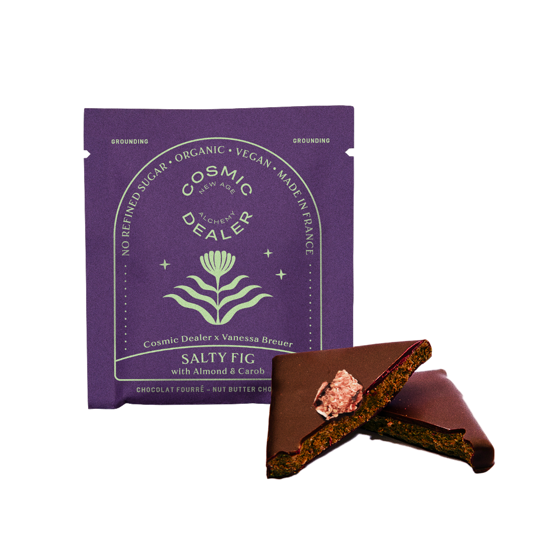 Salty Fig and Almond Chocolate by Cosmic Dealer – organic dark chocolate with roasted almond butter, dried figs, carob, and sea salt