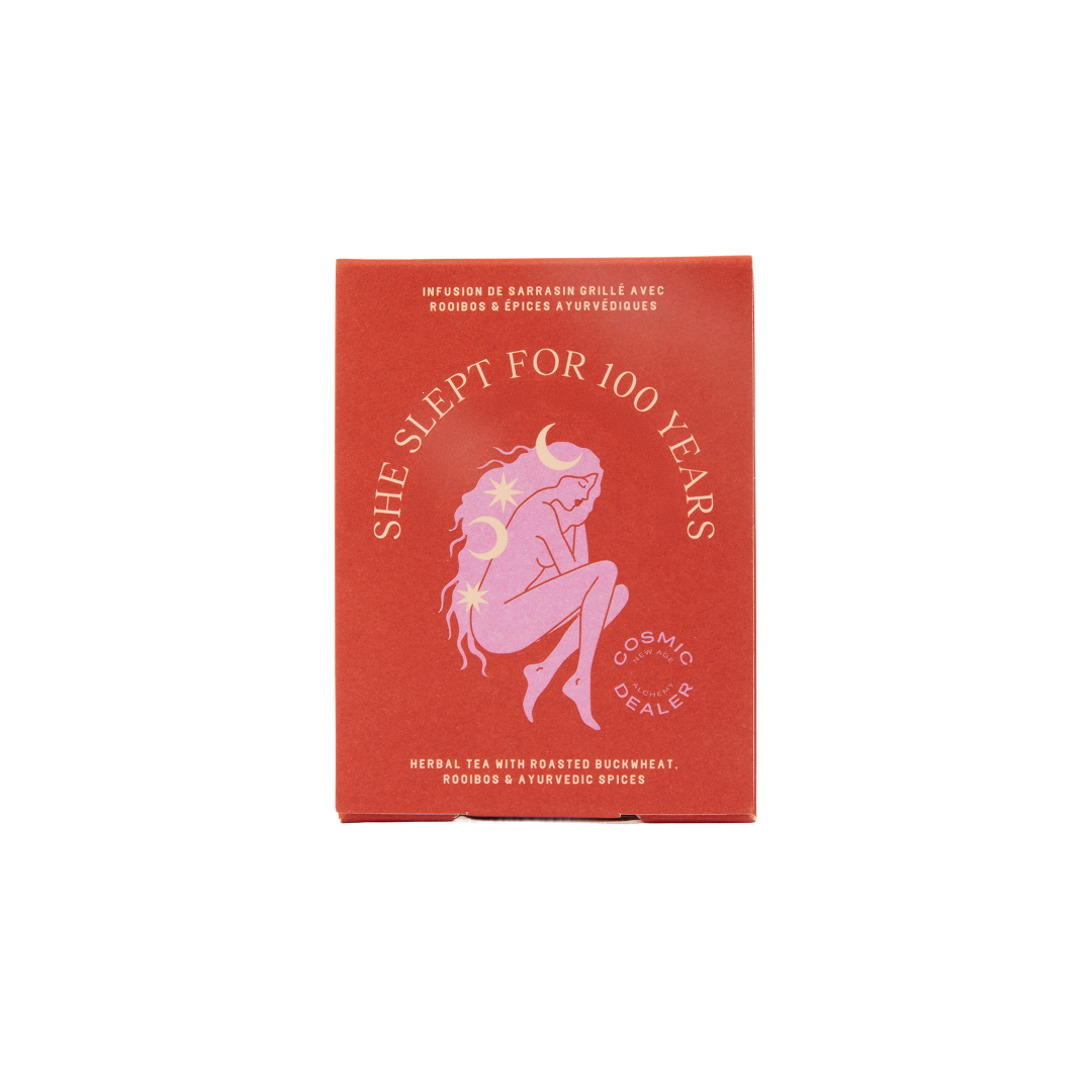 She Slept For 100 Years tea by Cosmic Dealer – caffeine-free blend of sobacha, rooibos, and Ayurvedic spices for deep relaxation