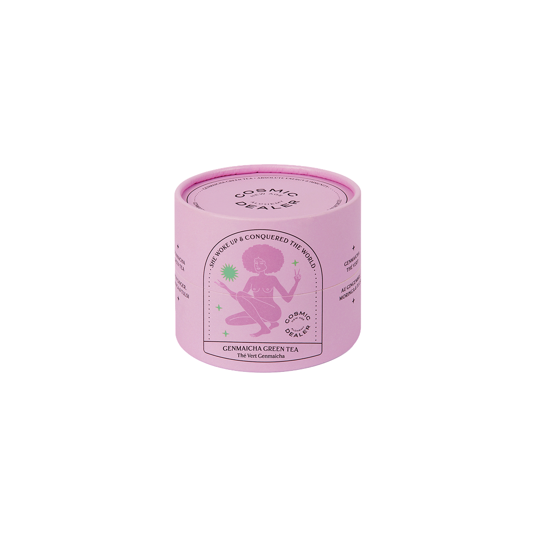 She Woke Up and Conquered the World tea by Cosmic Dealer – Genmaicha blend with Tulsi, ginger, and moringa for grounded energy and focus