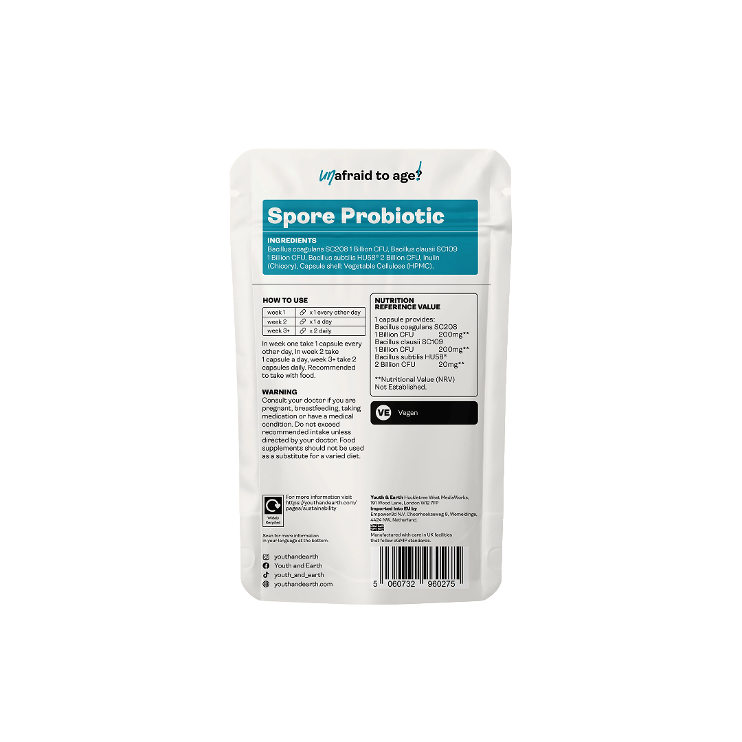 Spore Probiotic Supplement by Youth & Earth – back of packaging with strain details and suggested use