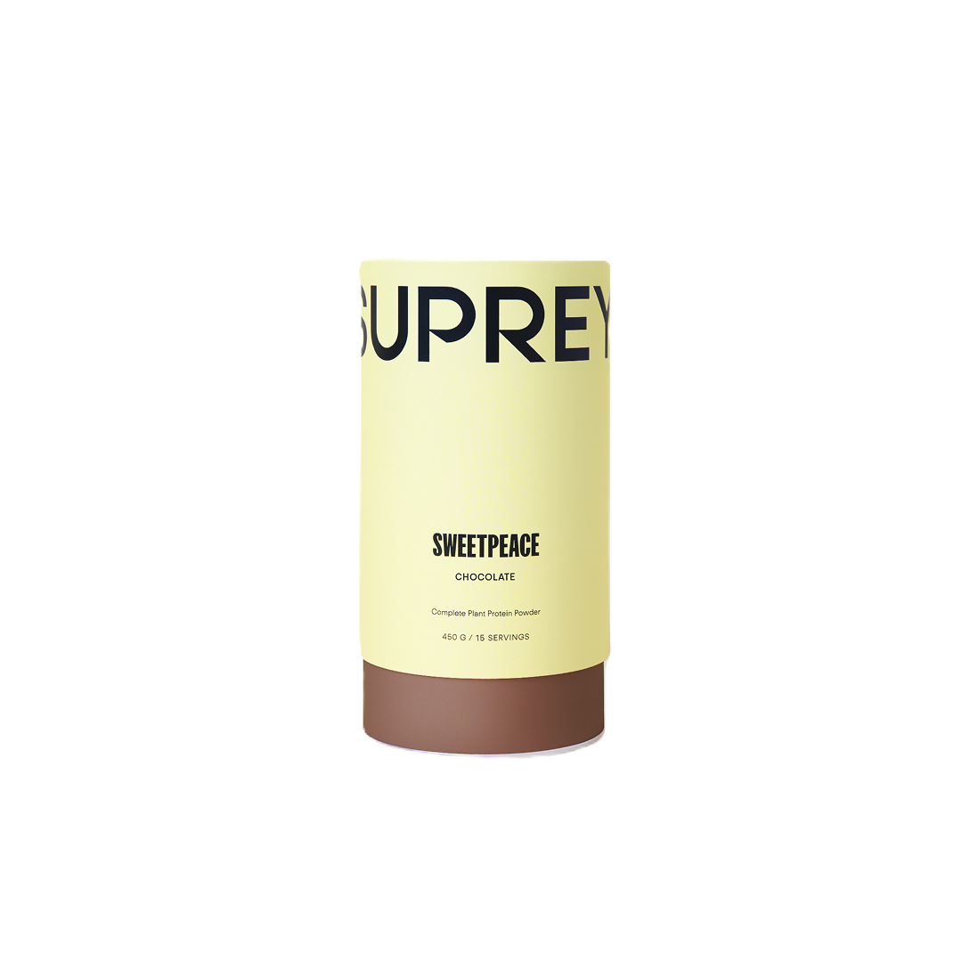 Sweetpeace Chocolate Protein by Suprey – plant-based protein with BCAAs, enzymes, and fiber for digestion and muscle recovery