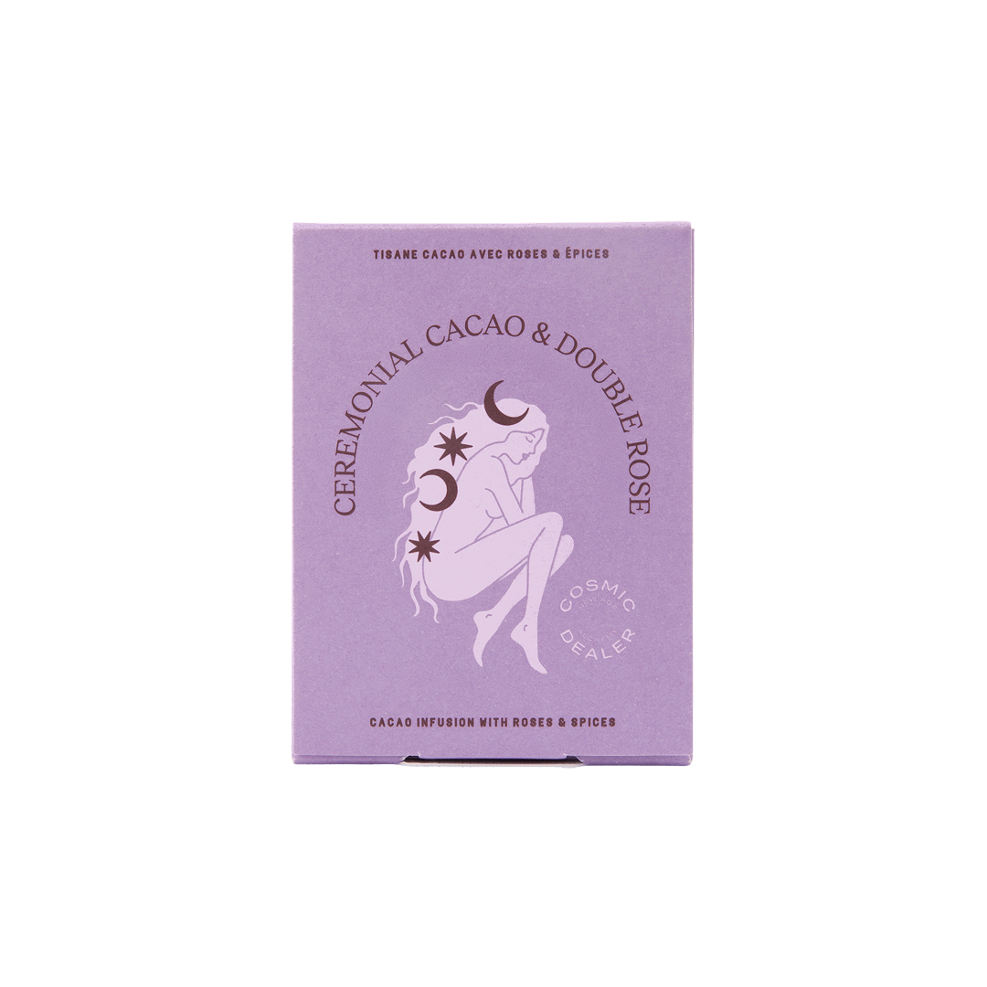 Fill My Heart With Flowers tea by Cosmic Dealer – cacao nibs and rose petals with warming spices for a heart-opening infusion
