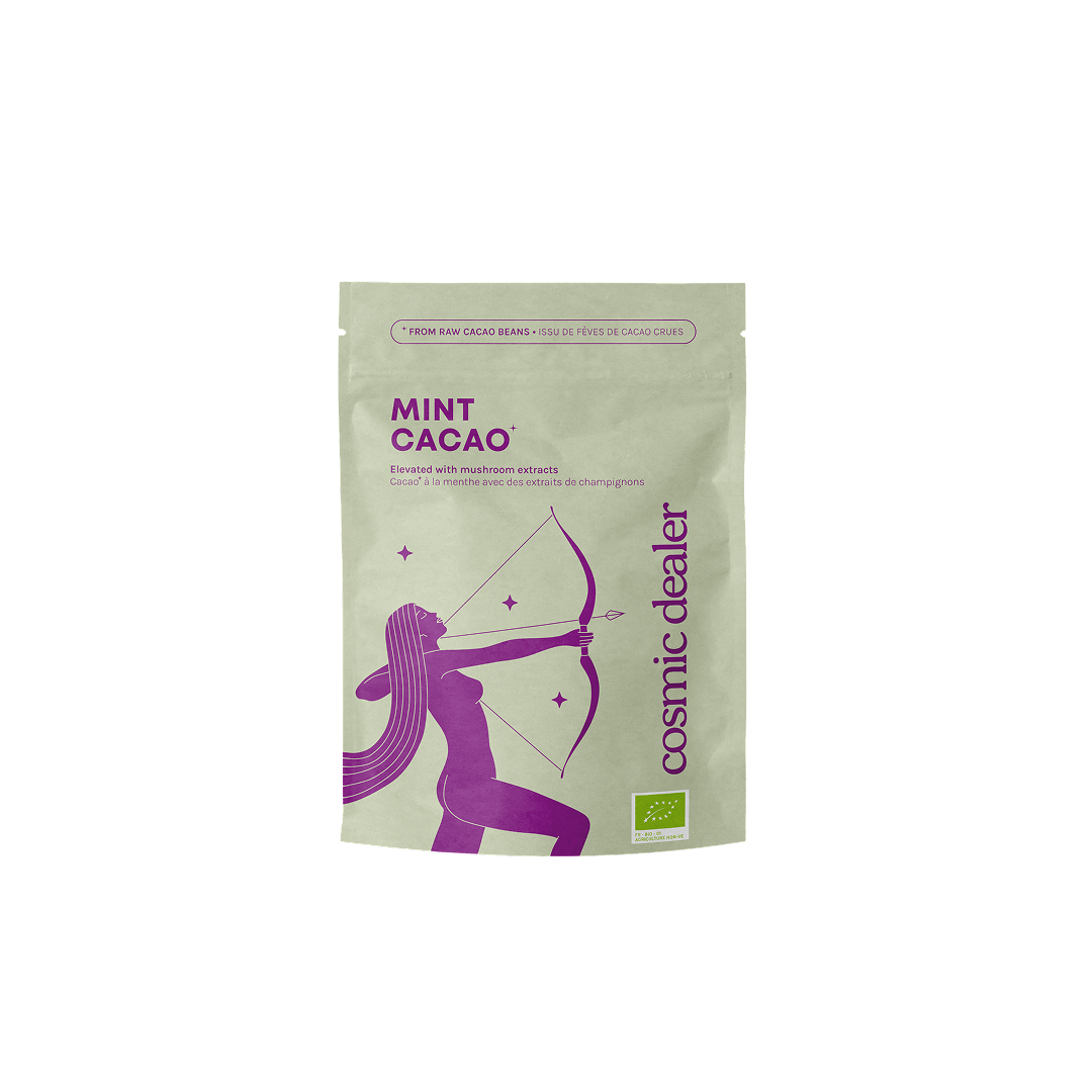 Mint Cacao Drinking Chocolate Blend by Cosmic Dealer – ceremonial-grade cacao with sweet mint and mushroom extracts for a refreshing, functional hot chocolate
