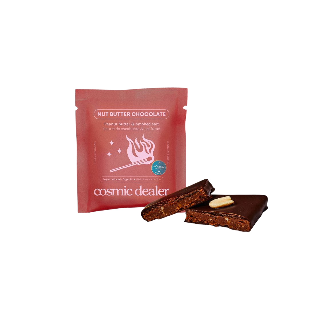 Peanut Butter and Smoked Salt Chocolate by Cosmic Dealer – 75% dark organic chocolate with creamy peanut butter and a touch of smoked salt