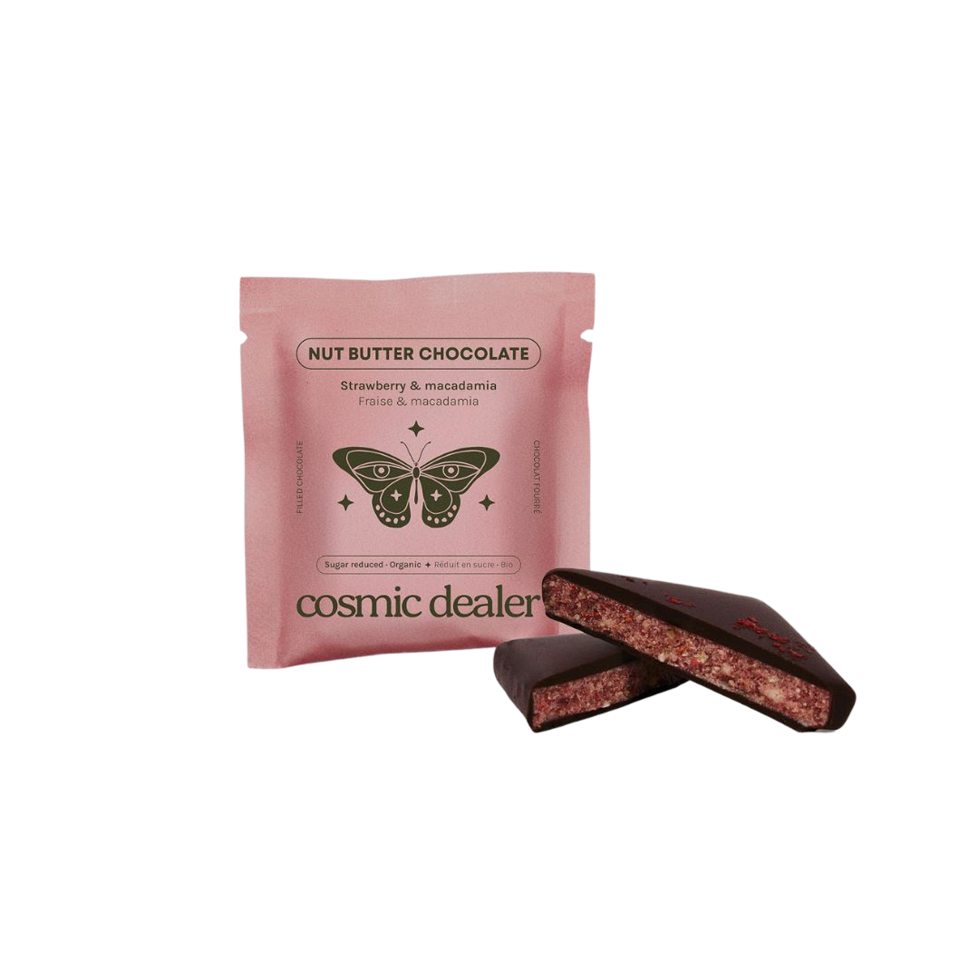 Strawberry and Macadamia Chocolate by Cosmic Dealer – dark organic chocolate with macadamia butter, strawberries, and toasted buckwheat